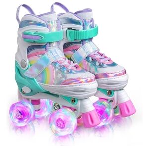 Sulifeel Girls Rainbow Unicorn Adjustable LED Light Up Roller Skates, Sz 10C-13C